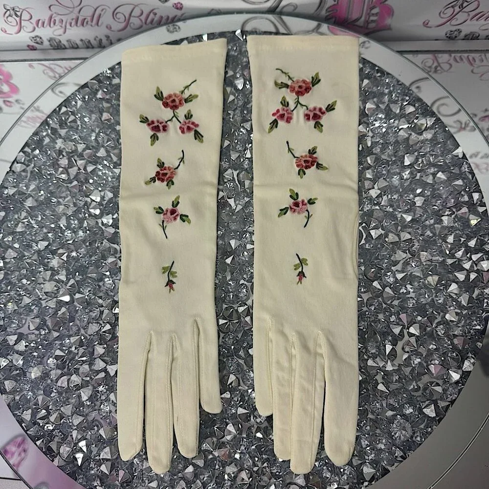 1950s cream mid-length gloves with embroidered flowers made in france rare vtg
